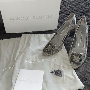 Manolo Blahnik HANGISI LACE GREY LACE JEWEL BUCKLE PUMPS SZ39